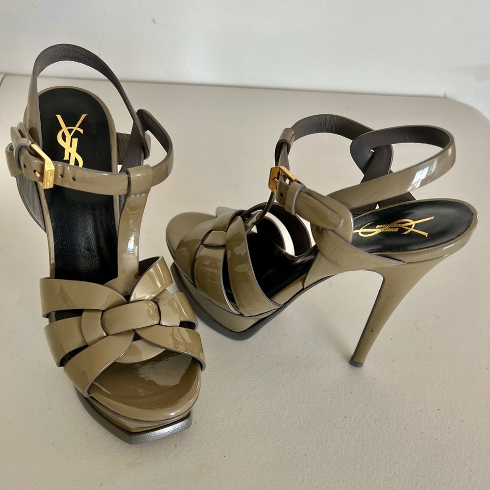 Yves Saint Laurent Women's Tribute Platform High Heel Sandals in Olive patent - Picture 3 of 6